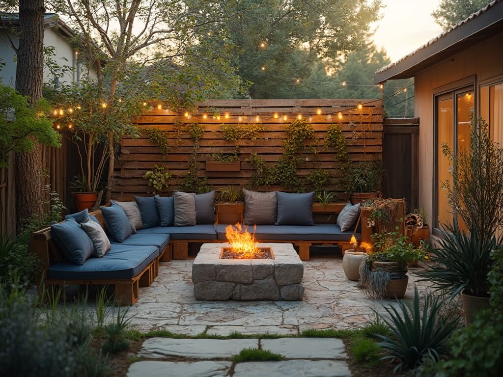 "Transformed backyard with DIY pallet seating, stone fire pit, vertical succulent garden, perennial plants, vintage planters and string lights during golden hour"