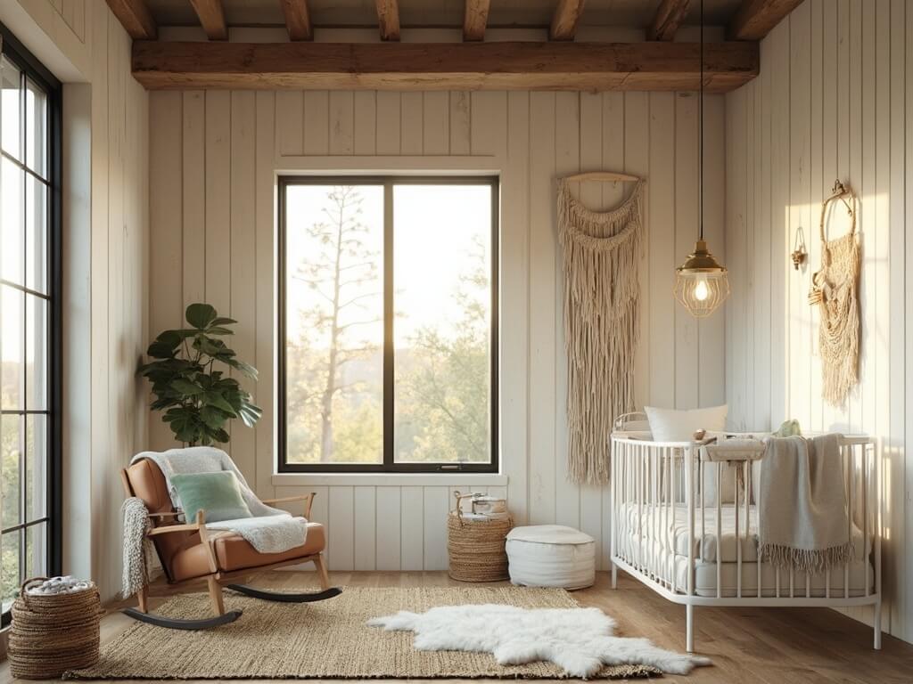 "Luxurious barndominium nursery with exposed wooden beams, modern acrylic crib, vintage rocking chair, and earth-toned decor at golden hour"