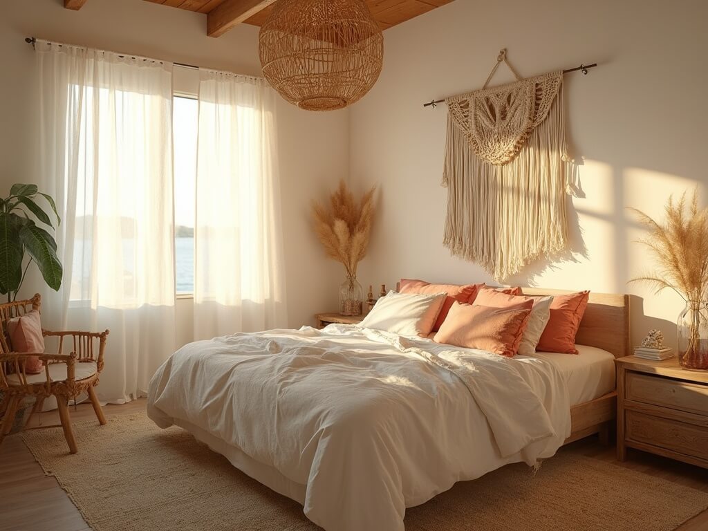 "Bohemian beach-themed bedroom with king-sized bed, rattan accent chair, macramé wall decor, and potted palm, bathed in golden hour sunlight."