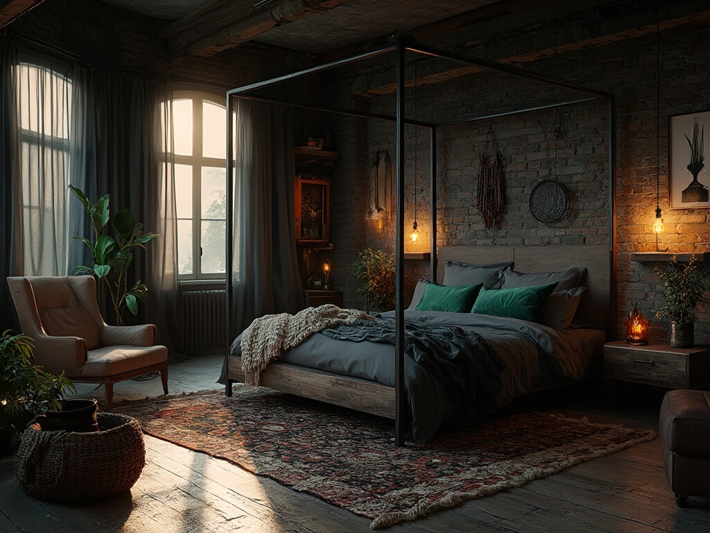 "Bohemian style black bedroom with layered textures, vintage lighting, and vibrant accents captured in golden hour lighting"
