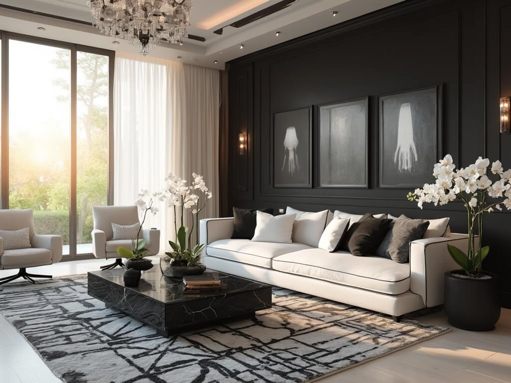 "Contemporary black and white living room with floor-to-ceiling windows during golden hour"
