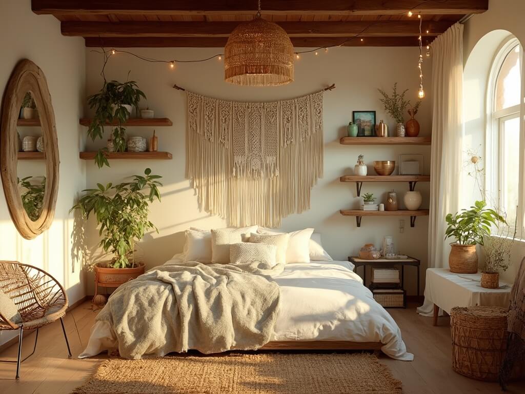 "Bohemian bedroom with cream linen bedding, macramé wall hanging, ceramics on floating shelves, vintage rattan chair and woven pendant light, layered jute rug on bamboo flooring, and a window seat with globally-sourced cushions"