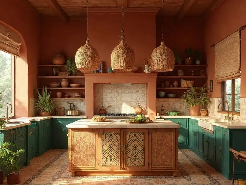 "Bohemian kitchen with terracotta walls, green cabinets, wooden island with geometric tile inlay, handwoven African market baskets, and morning light streaming through natural fiber shades."