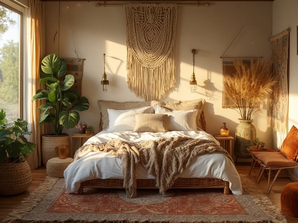 "Sunlit boho bedroom with rattan platform bed, layered linens, macramé wall hanging, Persian rugs, houseplants in baskets, and ambient lighting during golden hour"