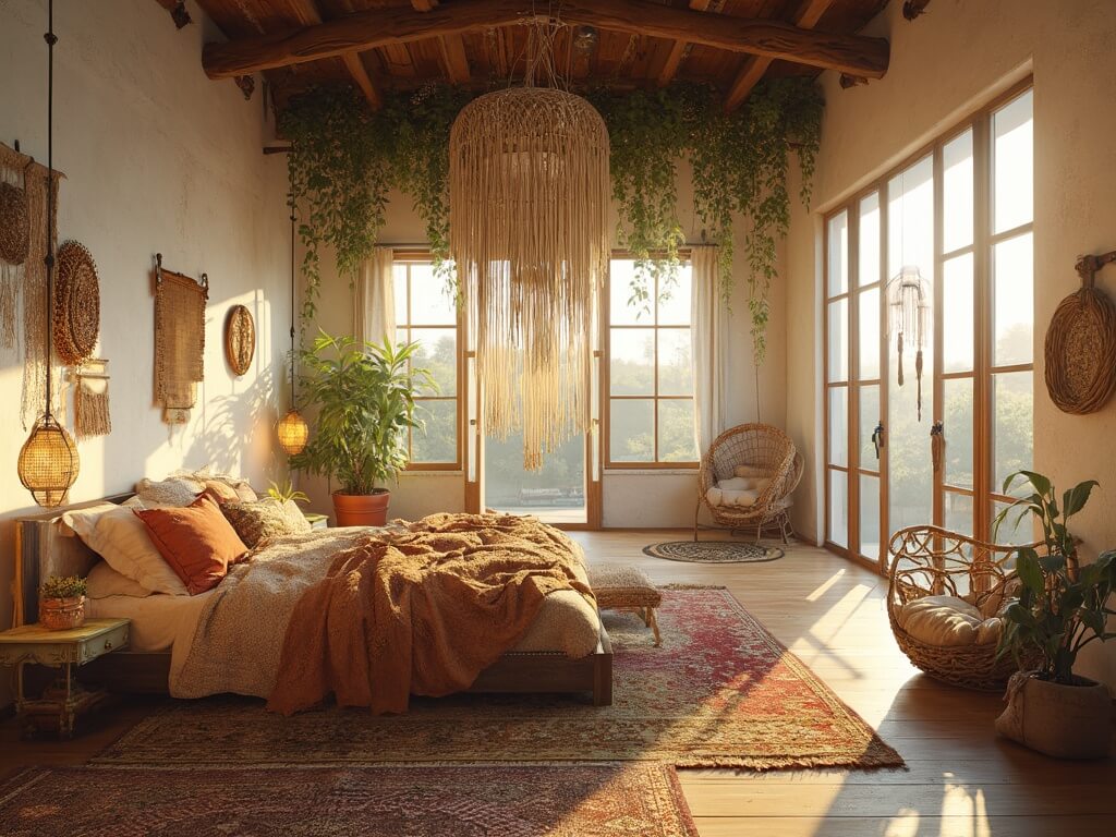 "Bohemian style high-ceiling bedroom with vintage Moroccan textiles, macramé chandelier, potted plants, rattan lights, Persian rugs, and an egg chair in golden hour light"