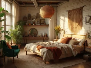 "Bohemian bedroom with vintage brass bed, potted plants, layered rugs, and eclectic decor during golden hour."
