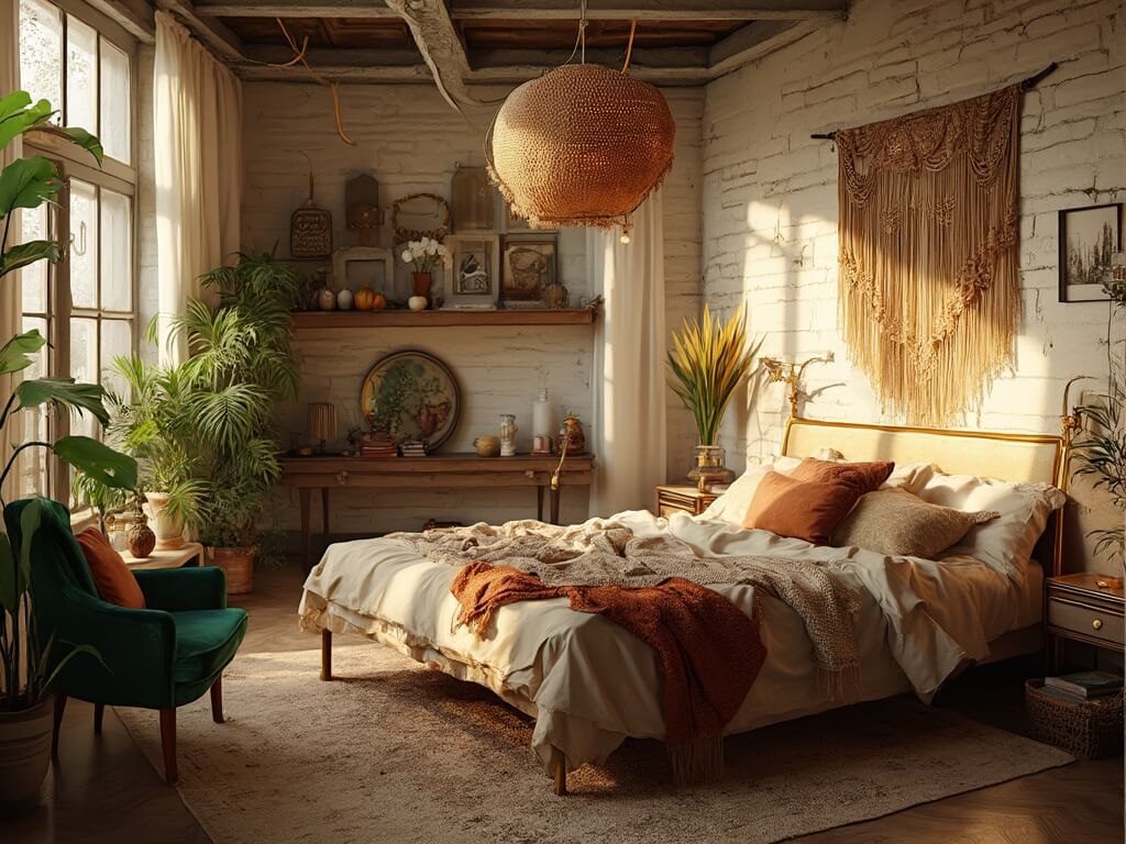 "Bohemian bedroom with vintage brass bed, potted plants, layered rugs, and eclectic decor during golden hour."