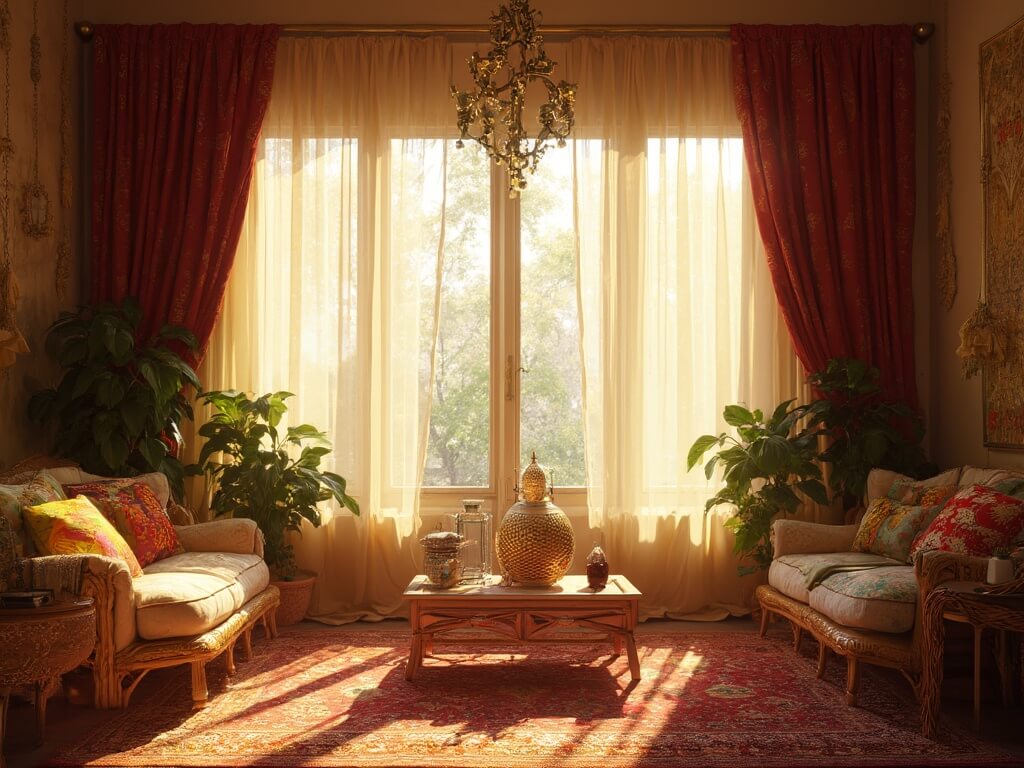 "Sunlit bohemian living room with sheer macramé and silk curtains, rattan furniture, Persian rug, and Moroccan brass lanterns during golden hour"