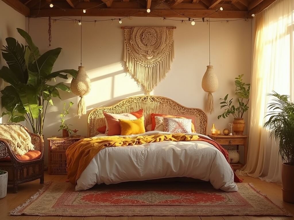 "Boho bedroom with rattan bed, layered rugs, macramé wall hanging, plants, brass accents and vintage chair in golden-hour light."