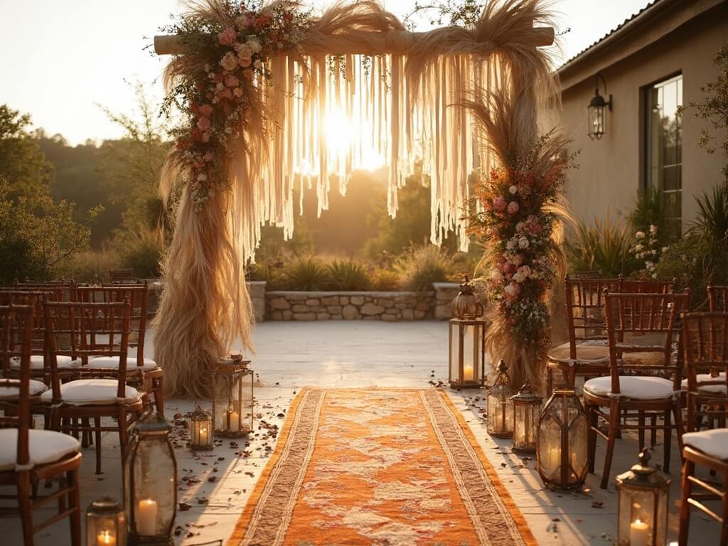 "Bohemian wedding ceremony setup on terrace with macramé arch, vintage runners, antique chairs, and warm sunlight filtering in."