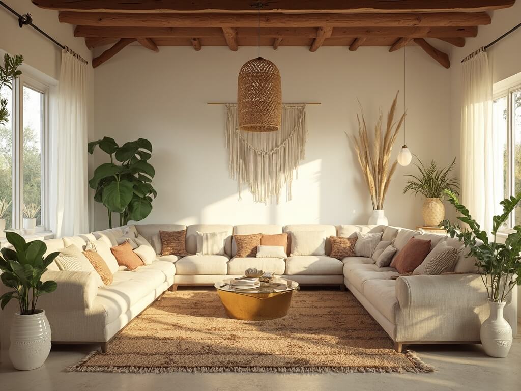 "Sun-drenched boho living room featuring a plush sectional, Moroccan and Persian rugs, rattan pendant lights, potted plants, vintage brass objects, and a macramé wall hanging."