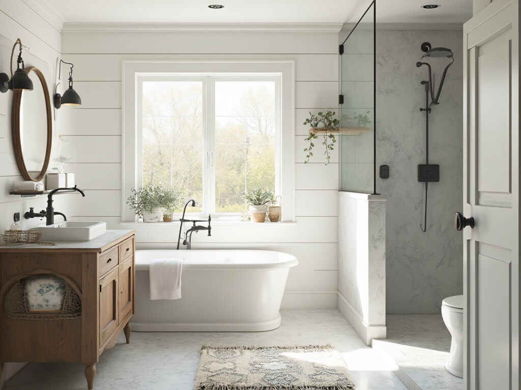 "Farmhouse bathroom with clawfoot tub, light grey marble tiles, and vintage brass sconces, bathed in warm, morning sunlight."