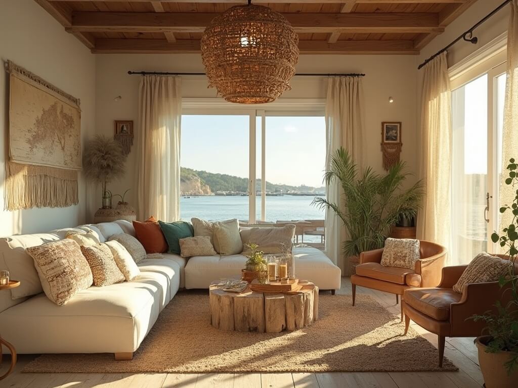 "Sunlit bohemian coastal living room with floor-to-ceiling windows, ivory linen sectional, driftwood coffee table, rattan pendant light, and maritime decor at golden hour"