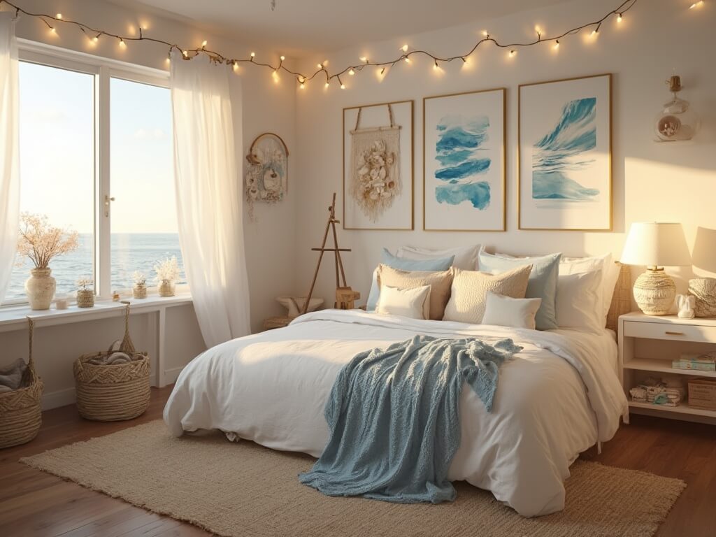 "Sun-drenched coastal-themed dorm room with a white desk, twin XL bed with ocean-inspired bedding, brass-framed watercolor prints, macramé wall hanging, and beachy accents at golden hour."