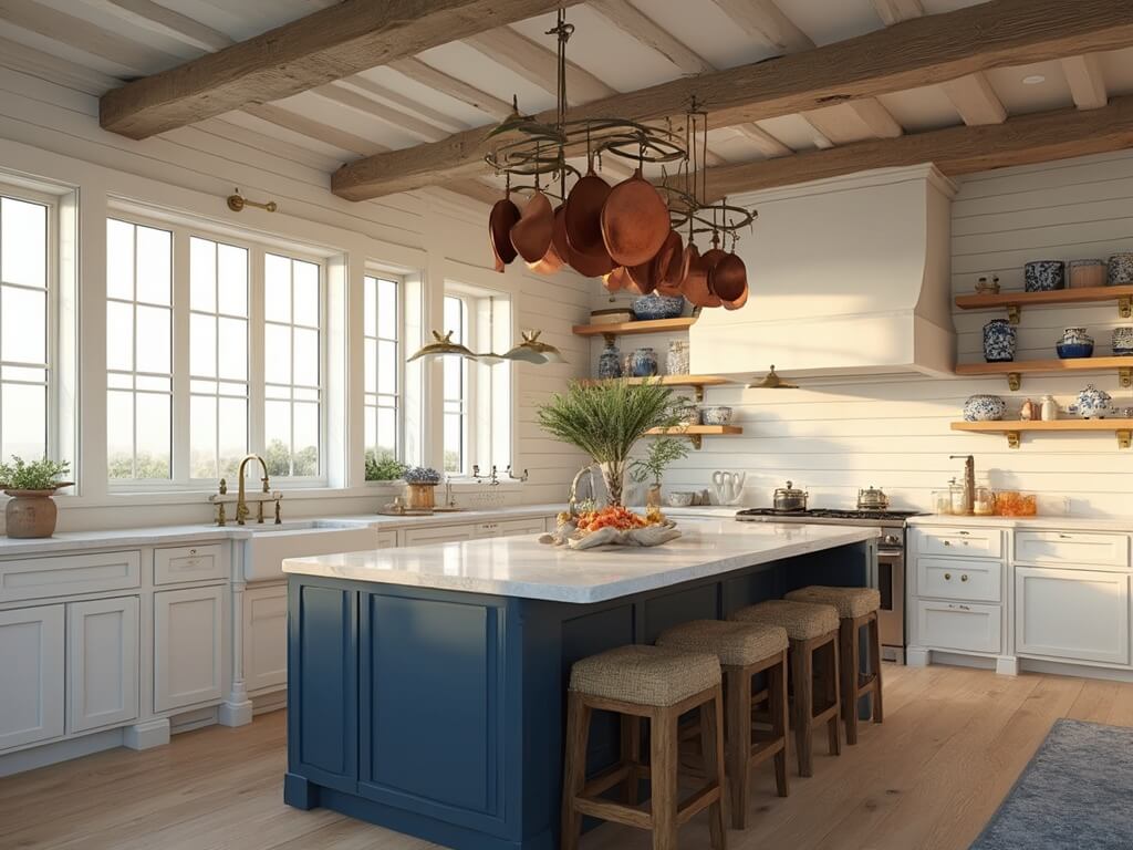 "Sun-drenched coastal farmhouse kitchen with white shiplap walls, navy island and Carrara marble, vintage copper pots, and natural oak floors."