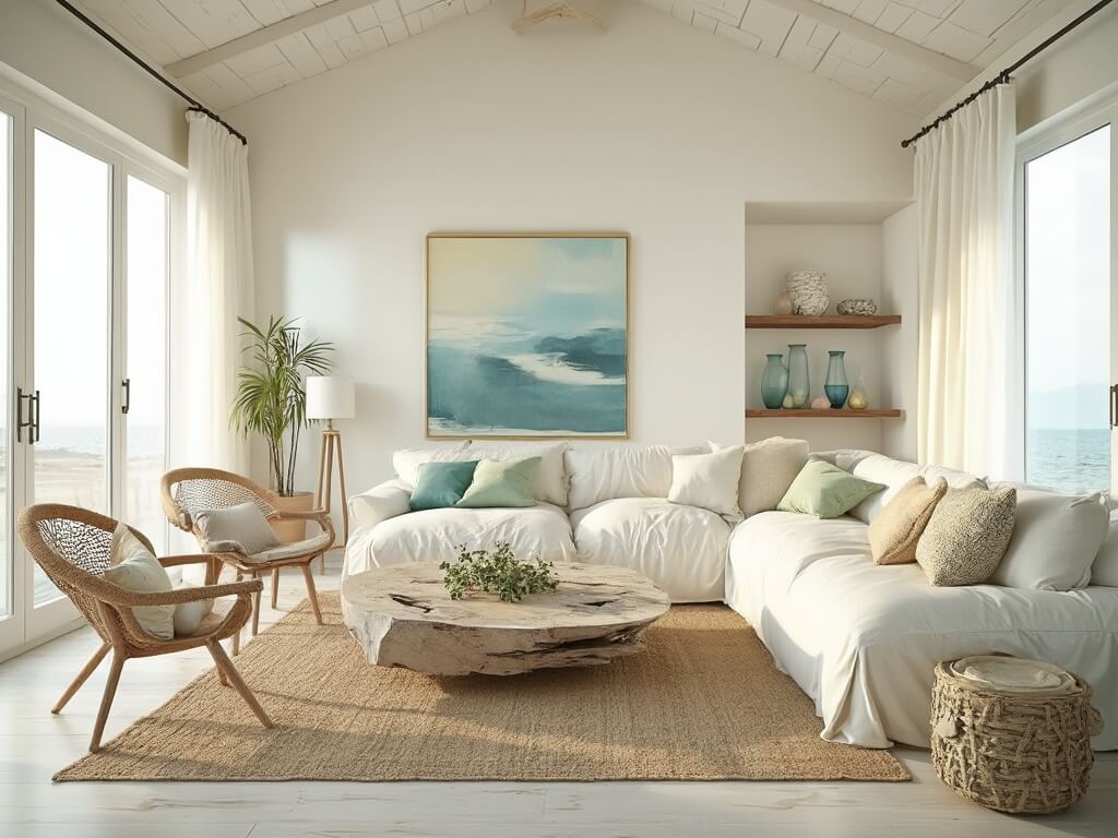 "Spacious coastal living room with white oak herringbone floors, ivory linen sectional, weathered driftwood table, layered rugs, seascape artwork, and maritime-themed accents, bathed in golden hour lighting."