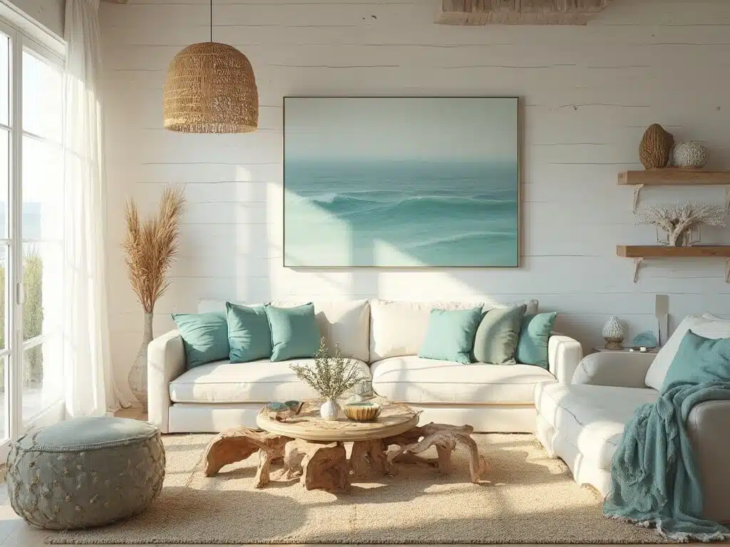 "Coastal living room interior featuring azure blues and sandy beiges, plush linen sofa, driftwood coffee table, and minimalist ocean art, bathed in golden afternoon light"