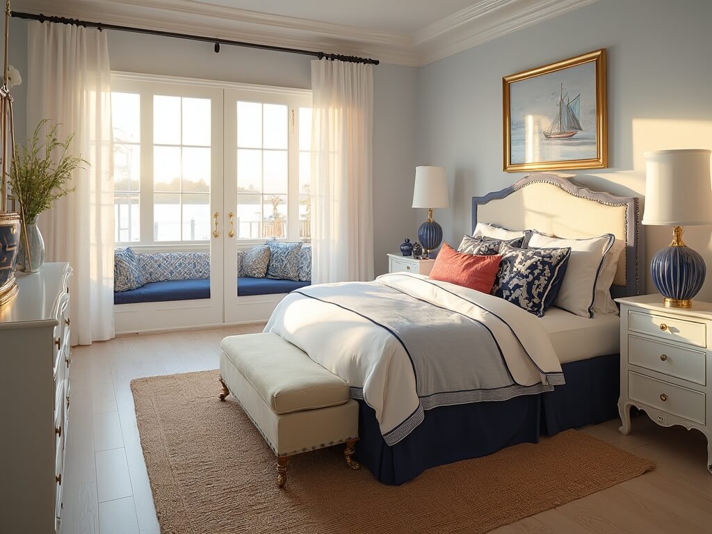 "Luxurious coastal preppy bedroom during golden hour with navy and white decor, brass accents, and nautical artwork"