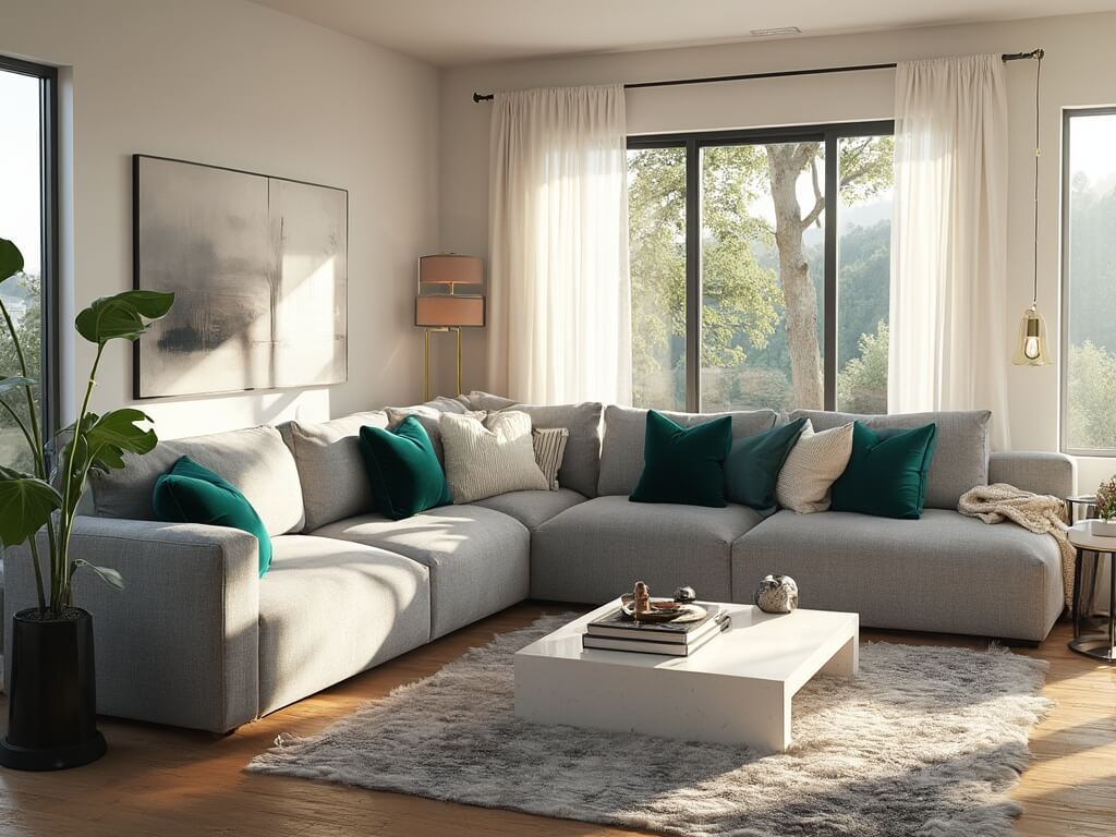 "Contemporary living room interior design with grey sectional sofa, white marble coffee table, and floor-to-ceiling windows during golden hour"