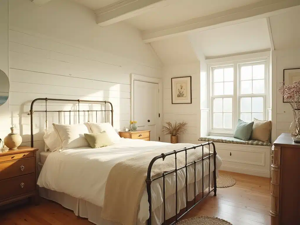 "Minimalist, sunlit cottage bedroom with white shiplap walls, iron bed frame, vintage oak dresser, and bay window"