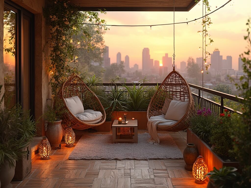 "Urban balcony with teak bistro set, copper planters with herbs and lavender, bamboo deck tiles, string lights, hanging egg chair with cushions, Moroccan-style lanterns, with city skyline backdrop during sunset."