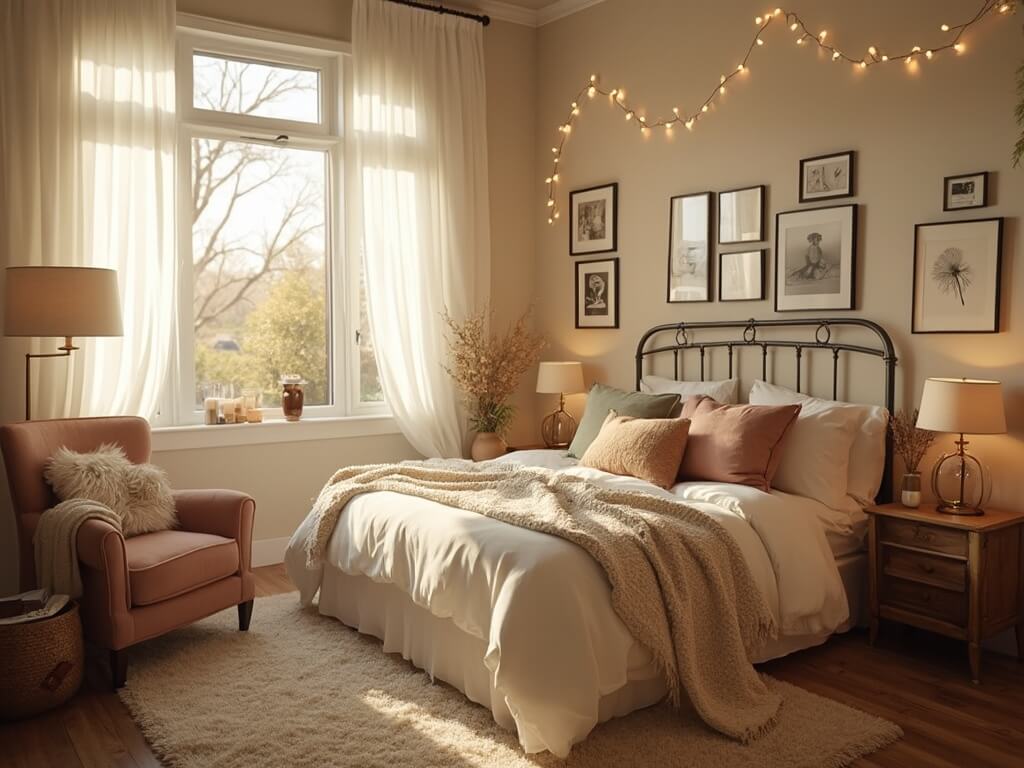 "Cozy master bedroom decorated in warm earth tones with king-sized bed, vintage brass lamps, and gallery wall, bathed in golden hour light."