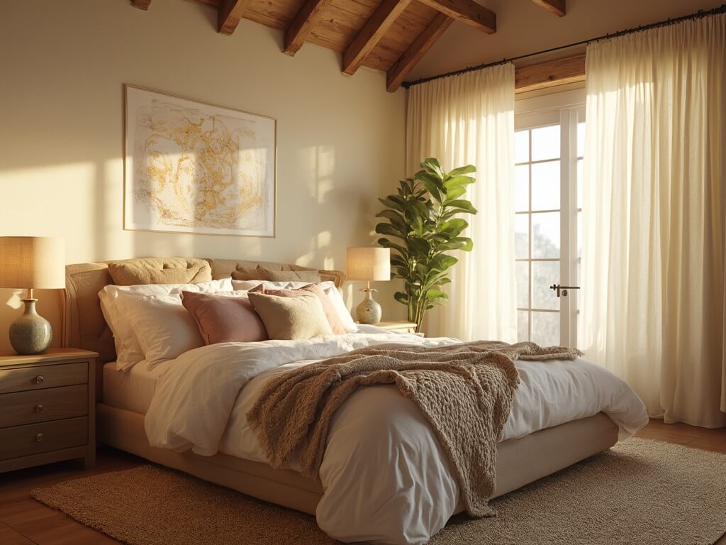 "Cozy master bedroom with warm natural light, king-size bed, oak nightstands, vintage Persian rug, and fiddle leaf fig in corner"
