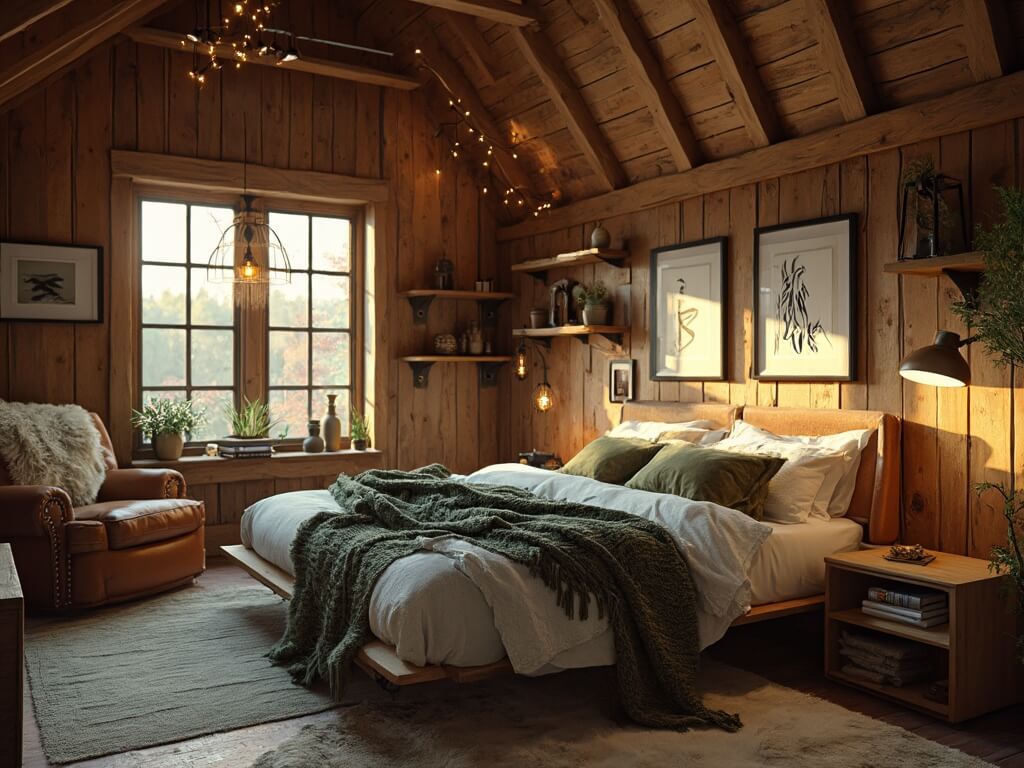 "Cozy rustic cabin bedroom with warm lighting, vintage decor, and textural elements"