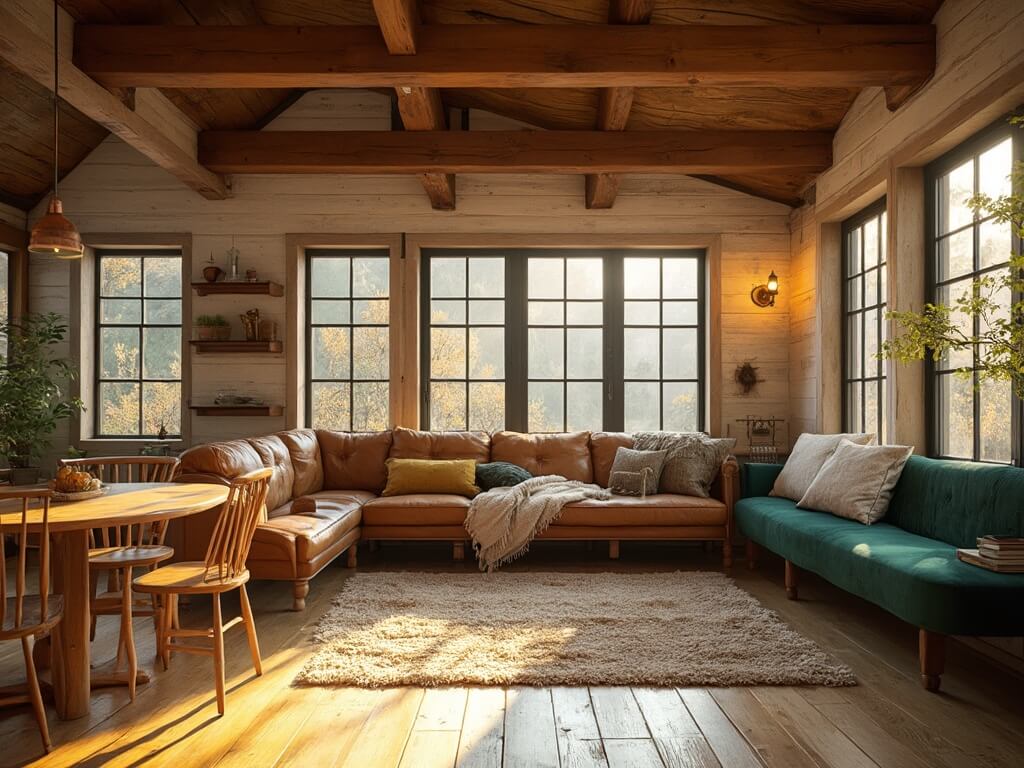 "Interior of a cozy rustic-modern cabin with leather sectional, oak table and chairs, green velvet banquette, during golden hour with sunlight streaming through steel-framed windows"