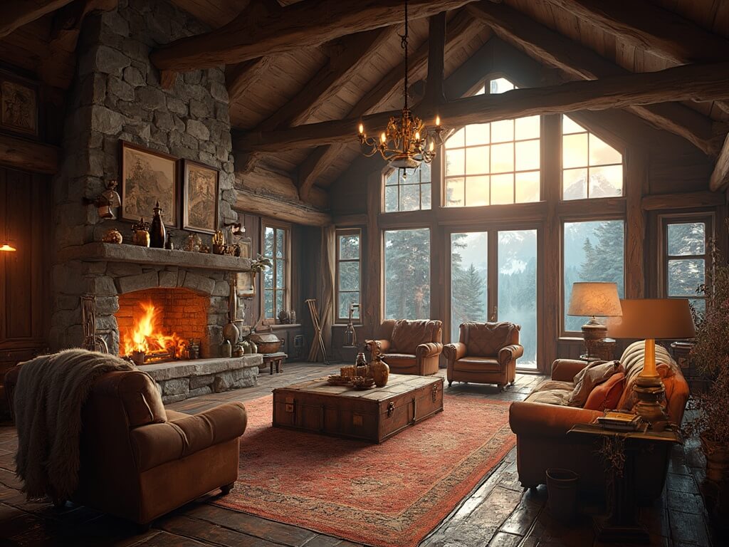 "Rustic cabin living room with exposed oak beams, floor-to-ceiling fireplace, vintage furniture and decor, overlooking snow-capped mountains during golden hour."