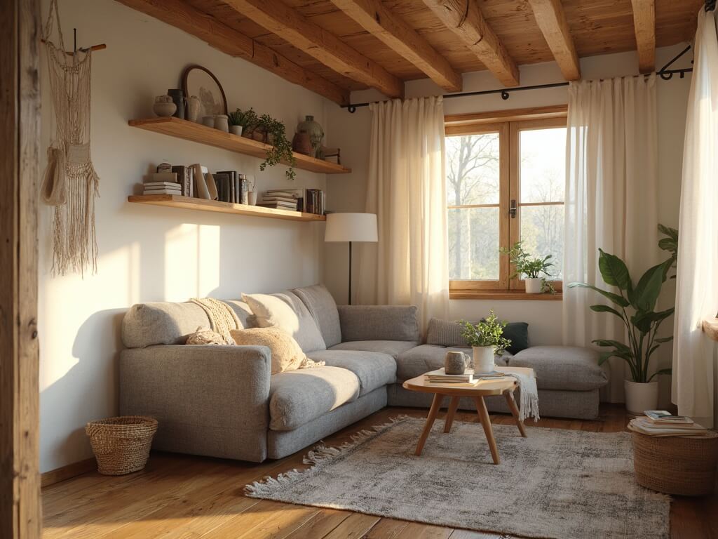 "Interior of a cozy tiny cabin living room at golden hour, featuring natural wood textures, a convertible sofa, floating shelves, a coffee table, and a plant hanger."