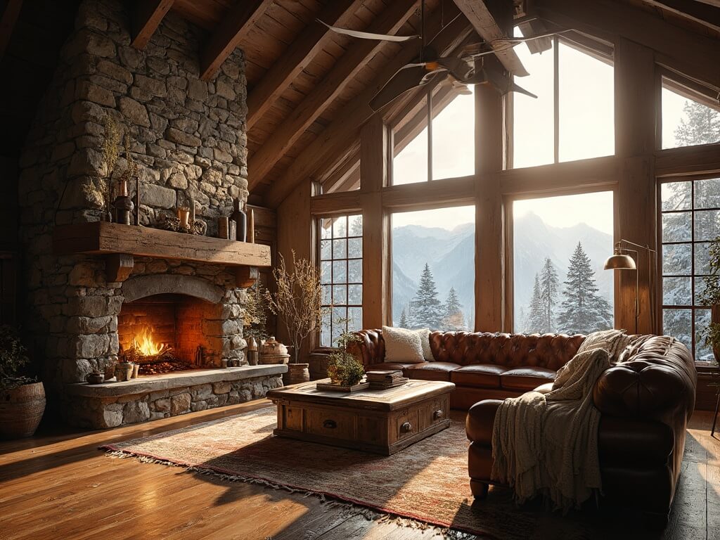 "Luxurious mountain cabin interior at golden hour featuring vaulted ceilings, floor-to-ceiling windows with mountain views, a stone fireplace, and sophisticated decor"