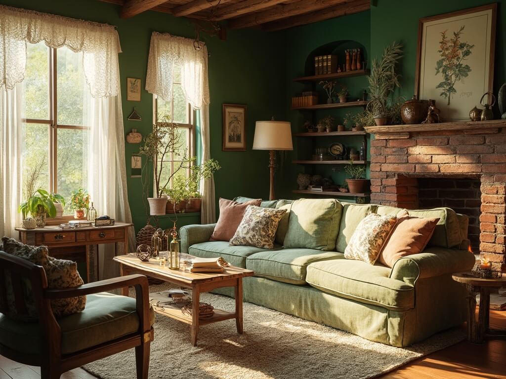 "Cosy cottage living room with sage green sofa, antique furniture, brick fireplace, and decor in earthy tones bathed in warm natural light"