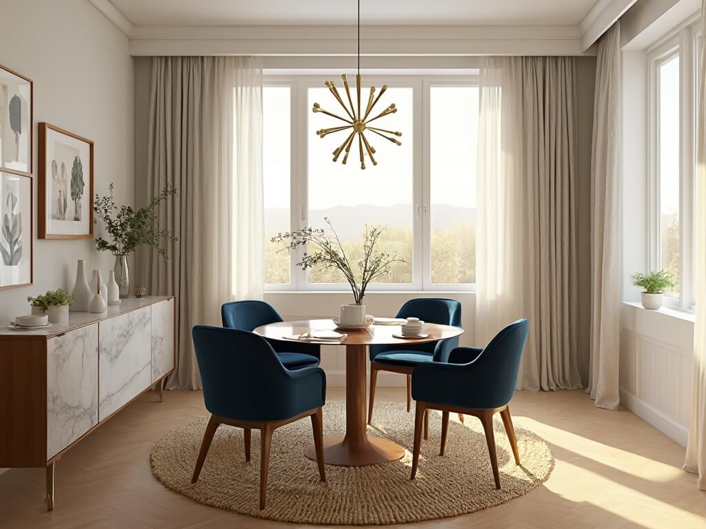 "Cozy apartment dining room with mid-century modern design, walnut dining table, navy velvet chairs, and brass accents, bathed in warm sunlight"