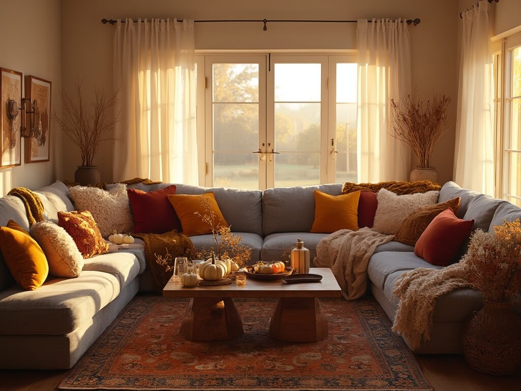 "Cozy living room bathed in warm autumn sunlight, furnished with a gray sectional, velvet pillows, a reclaimed wood coffee table with pumpkins and candleholders, on a vintage Persian rug, with cream walls adorned with minimal artwork"