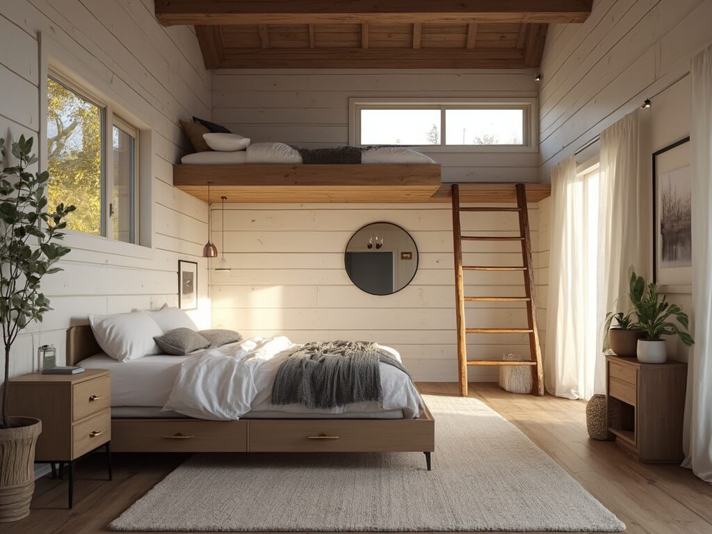 "Rustic modern cabin bedroom with queen bed, under-bed drawers, skylights and minimalist decor"