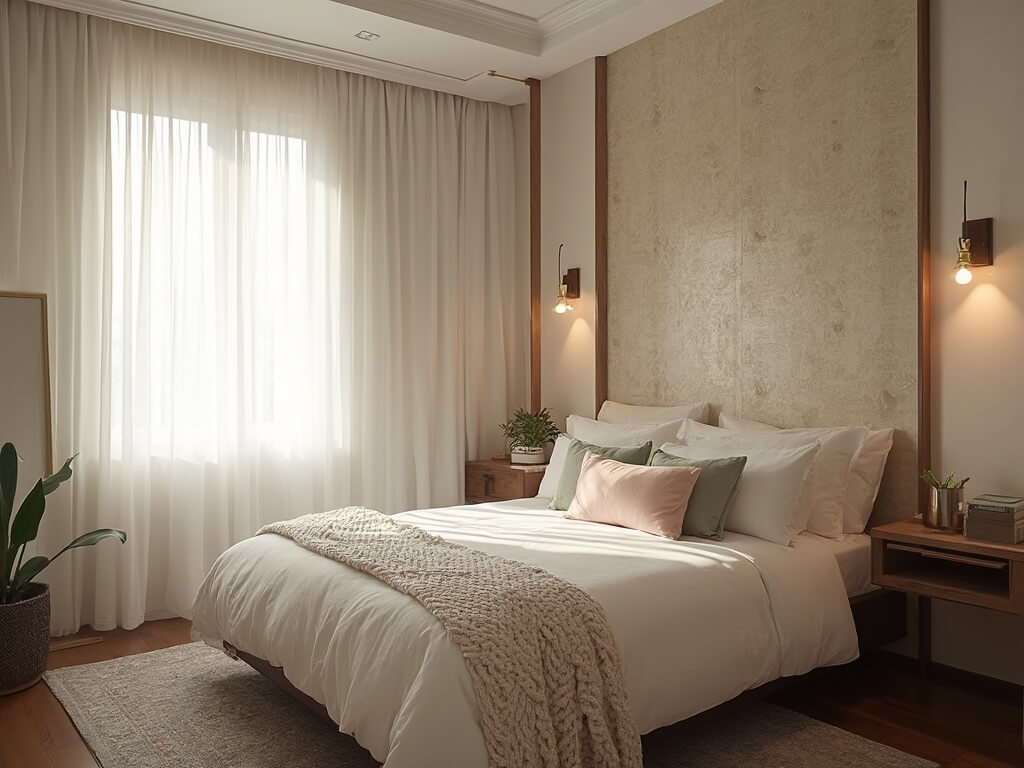 "Cozy, small and luxuriously furnished guest room with a plush queen-sized bed, vintage Persian runner, slim writing desk, and innovative storage solutions, bathed in warm morning light."