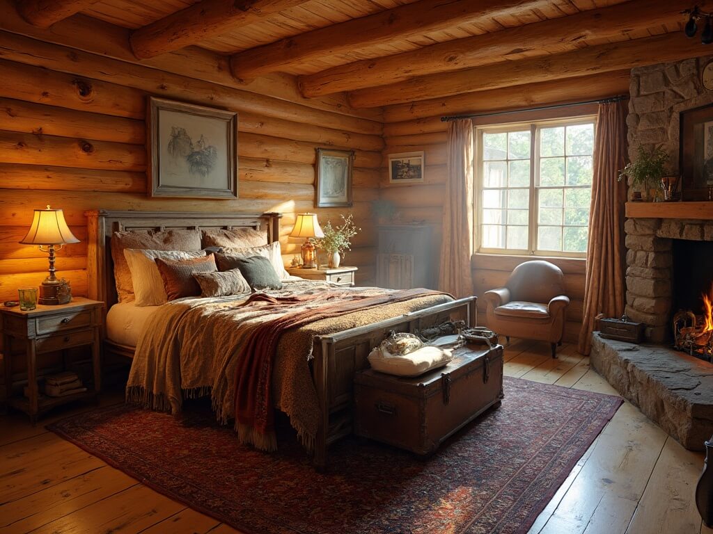 "Rustic mountain cabin bedroom with warm sunlight streaming through windows, king-size bed covered with vintage blankets, antique oak trunk with copper lamp, leather chair near stone fireplace, and vintage decor on knotted pine walls."