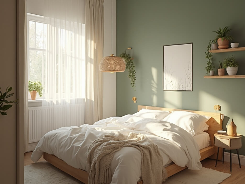 "Scandinavian-style small bedroom design with light oak platform bed, sage green accent wall, minimalist decor, and morning sunlight filtering through sheer curtains"