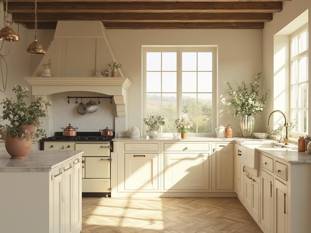 "Spacious cottage kitchen with cream cabinets, marble countertops, reclaimed wooden beams, and morning sunlight streaming through the windows"