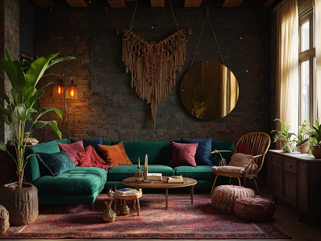 "Luxurious boho-style living room with emerald velvet sofa, vintage decor, and warm ambient lighting during golden hour"