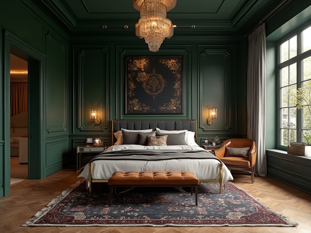 "Luxurious master bedroom with dark green walls, golden hour lighting, king bed with velvet headboard, vintage Persian rug, brass lighting fixtures, and cognac leather chair, decorated with large-scale abstract art and mirrored nightstands."