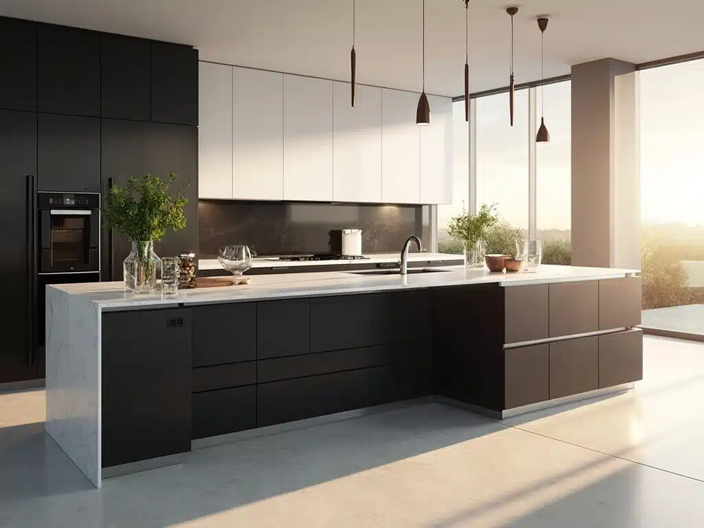"Luxurious modern kitchen with black and white cabinets, waterfall quartz island, and stainless steel appliances during golden hour"
