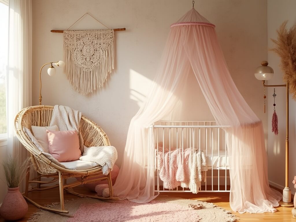 "Bohemian nursery with vintage white crib, rattan rocking chair and macramé wall décor, bathed in golden hour sunlight"