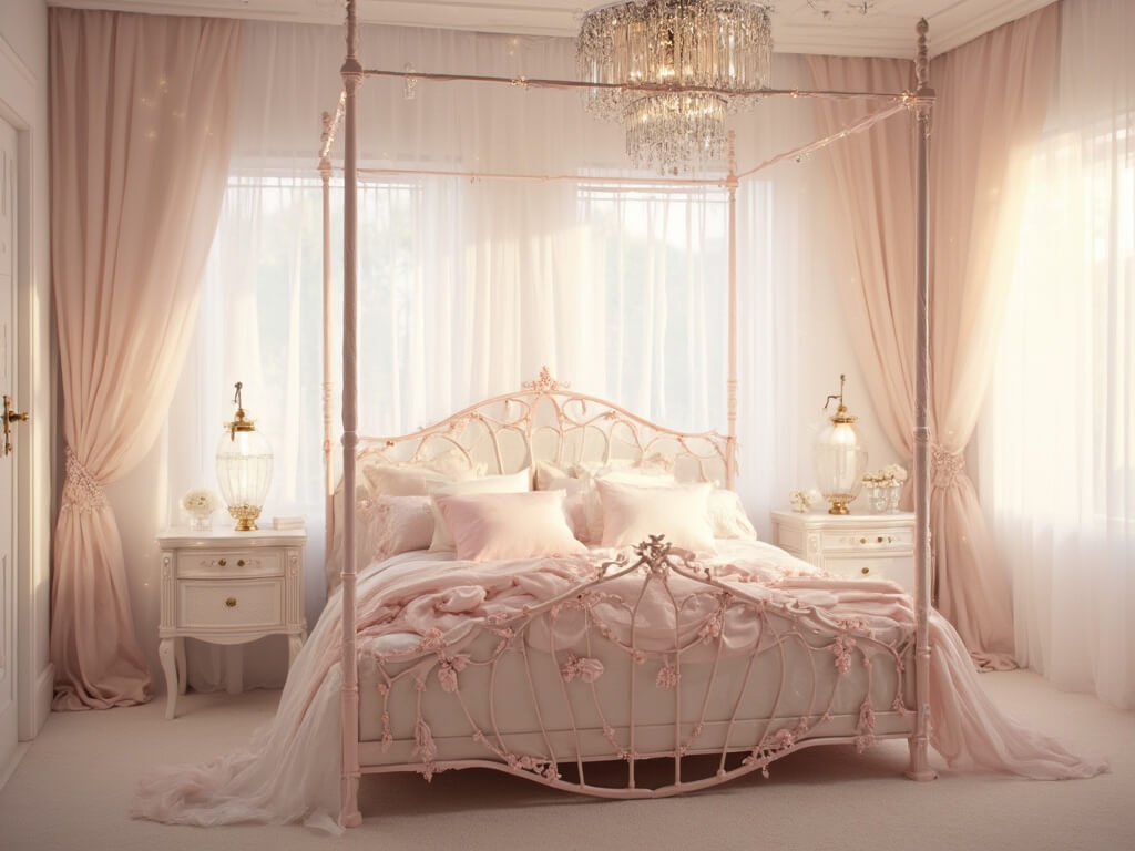 "Dreamy princess bedroom design with blush pink canopy bed, pearl white nightstands, and decorative pastel pillows, highlighted by golden hour sunlight and fairy lights"