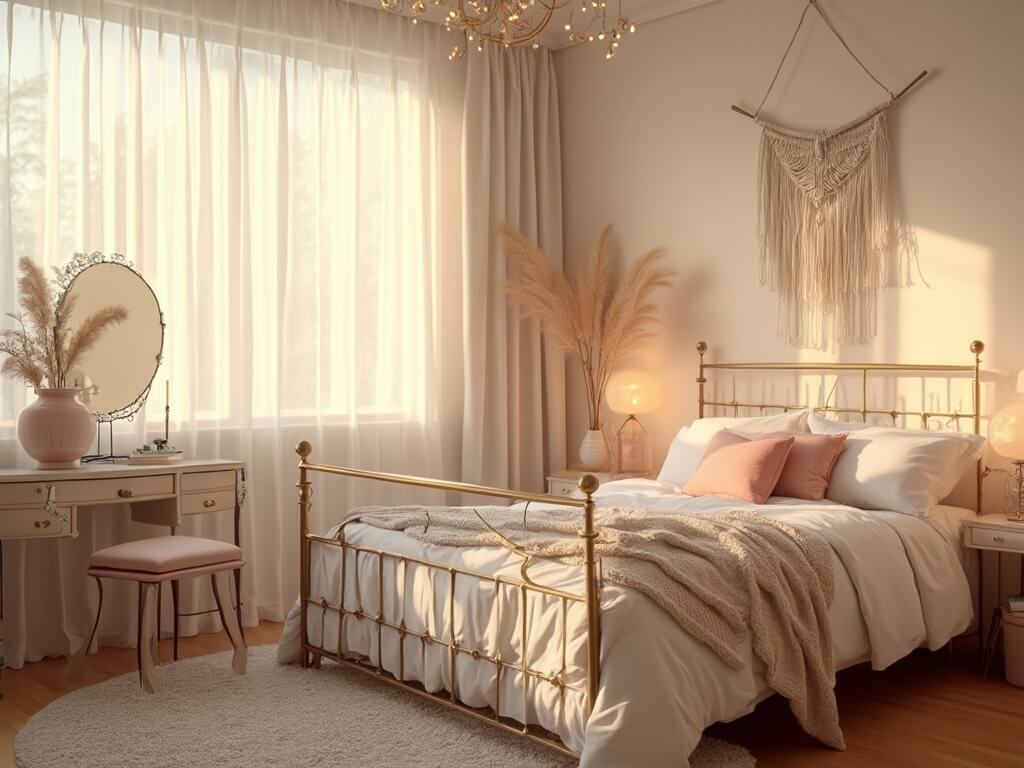 "Sunlit bedroom sanctuary with brass-framed bed, vintage vanity, macramé wall hanging, and warm wooden floors"