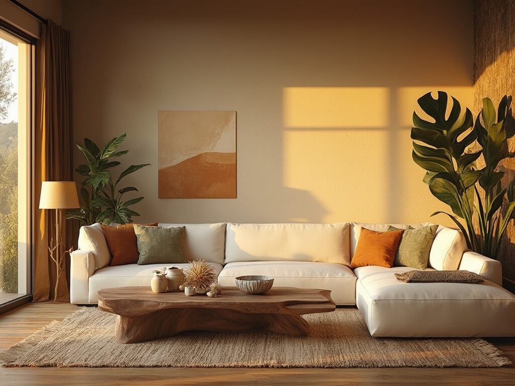 "Modern and serene living room at golden hour with cream sofa, natural fiber rugs, walnut coffee table, plants, minimalist art on sandy toned walls, and ambient lighting."