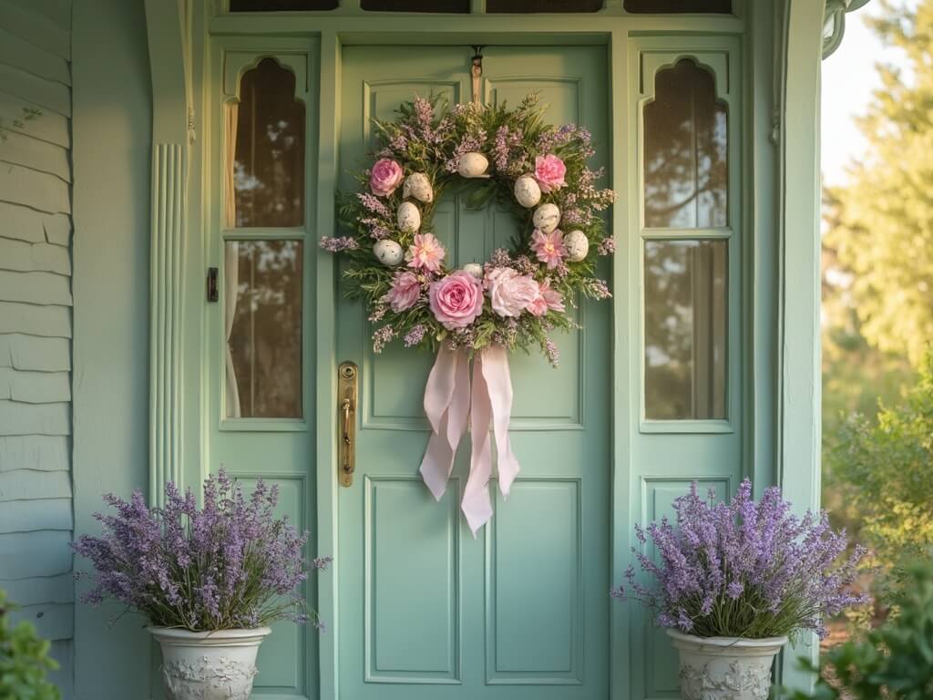 "Victorian-style sage green front door with Easter wreath and French lavender plants in morning sunlight"