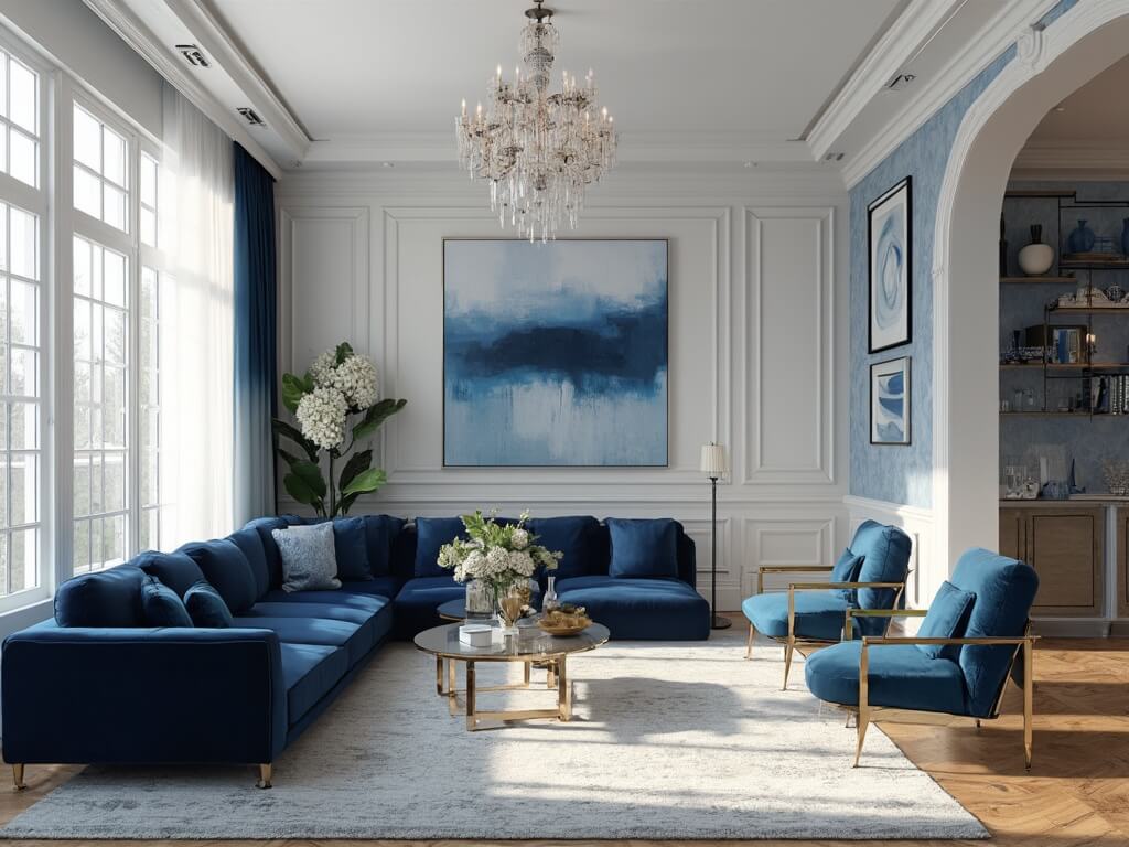 "Elegant blue living room with navy velvet sofa, brass and glass tables, teal accent chairs, styled étagère with ceramics, and herringbone floors"