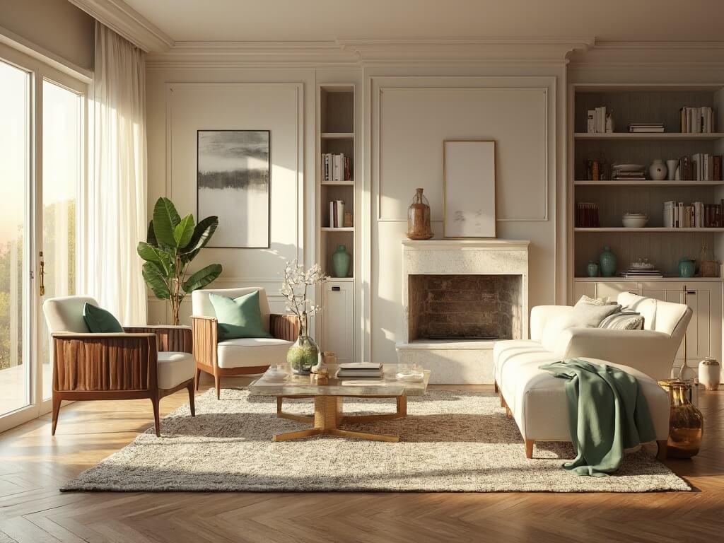"Elegant living room interior at golden hour featuring cream sofa, walnut armchairs, Persian rug, floor-to-ceiling windows, white oak shelving, and limestone fireplace"